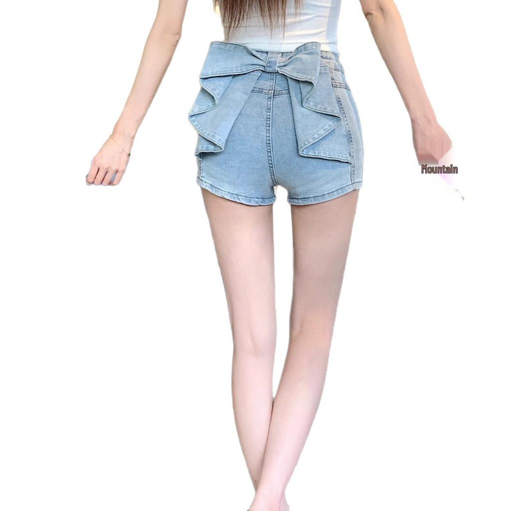 Light Blue Women's Denim Shorts, Bow Detail, Summer Slimming, Leg-Lengthening Hot Pants