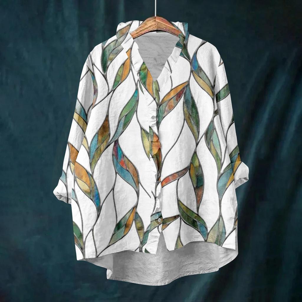 Dámský volný top s volánky, květinovým potiskem, stojáčkem a dlouhým rukávem z bavlny a lnu