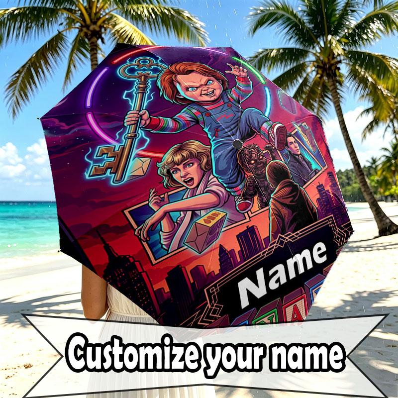Custom Name Personalized Horror Theme Chucky Print Umbrella, Auto Open Close, 8‑Rib Sturdy Frame, Commute Camping Hiking Use, Birthday Gift