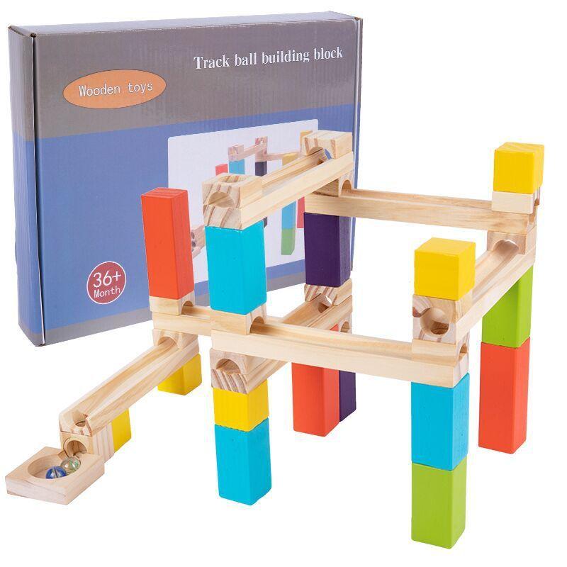 Wooden Kids Puzzle Building Blocks With Marble Track And Mechanical Dominoes For Cognitive Development