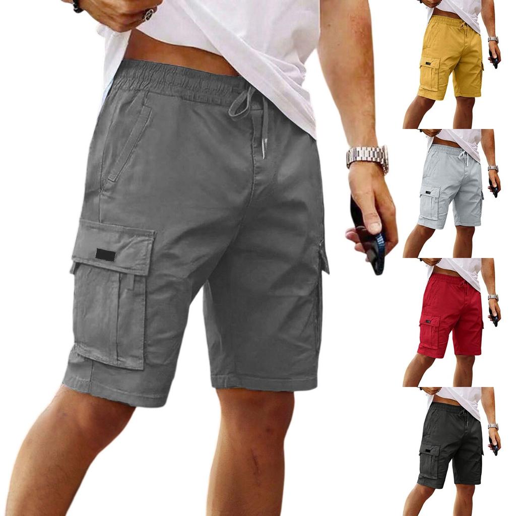 Men's Cargo Shorts Elastic Waist Drawstring  Casual Loose Solid Color Cargo Shorts With Six Pockets