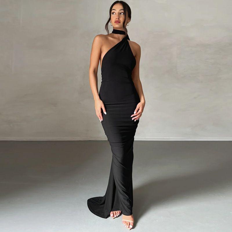 

New Arrival Fashion Halter Ruched Slim Fit Long Dress Sexy Open Back Sheath Ribbon Mop Evening Dress Dress Women Black L
