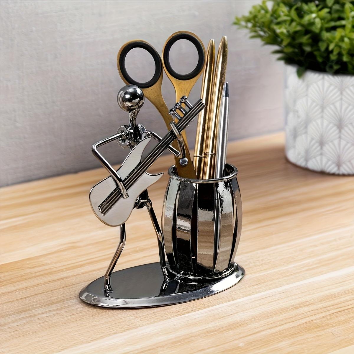 1pc Unique Rocker Guitar Shaped Metal Desktop Pen Holder Pencil Holders with Organizer Function for Office Supplies Perfect Gift