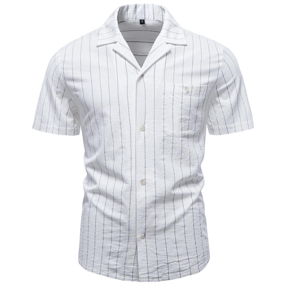 

2026 Summer High-Quality Cotton Cuban Collar Vertical Stripe Shirt for Men, Business Casual Men s Short Sleeve Shirt S белый