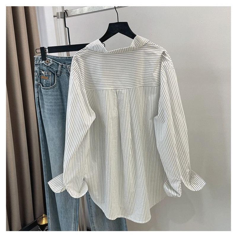 Striped Shirt Women's Loose Design Korean Style Casual Pure Cotton Long Sleeve Thin