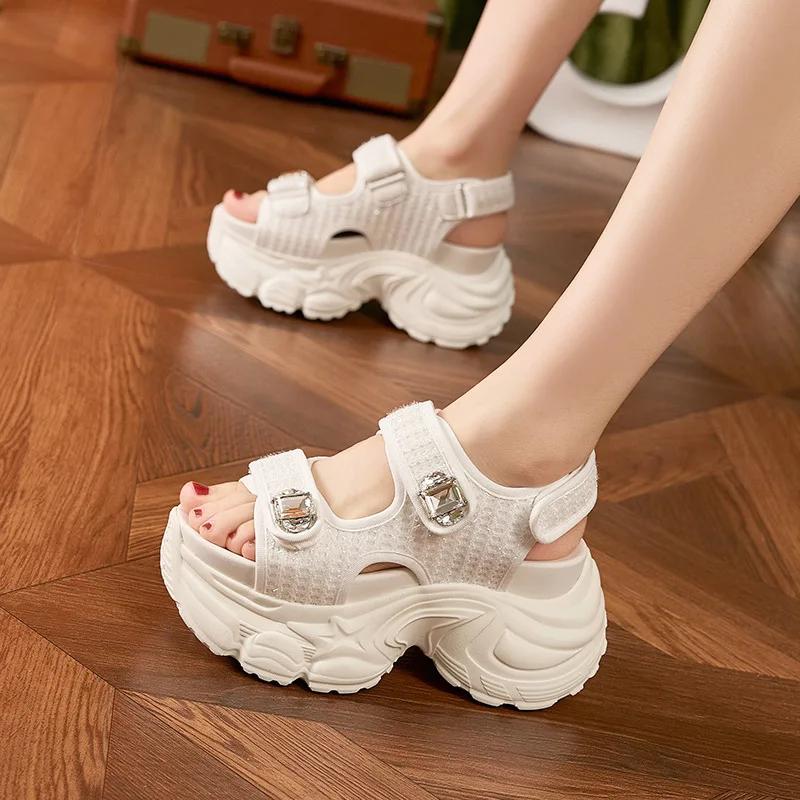 Fashion 9CM Women's Thick Heels Sandals Summer Breathable Slip-On Slippers Magic Tape Leather Beach Sandals Bling Diamond Casual Shoes