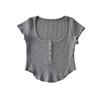 American Style Slim Fit U-Neck Buttoned Waffle Knit Crop Top for Women