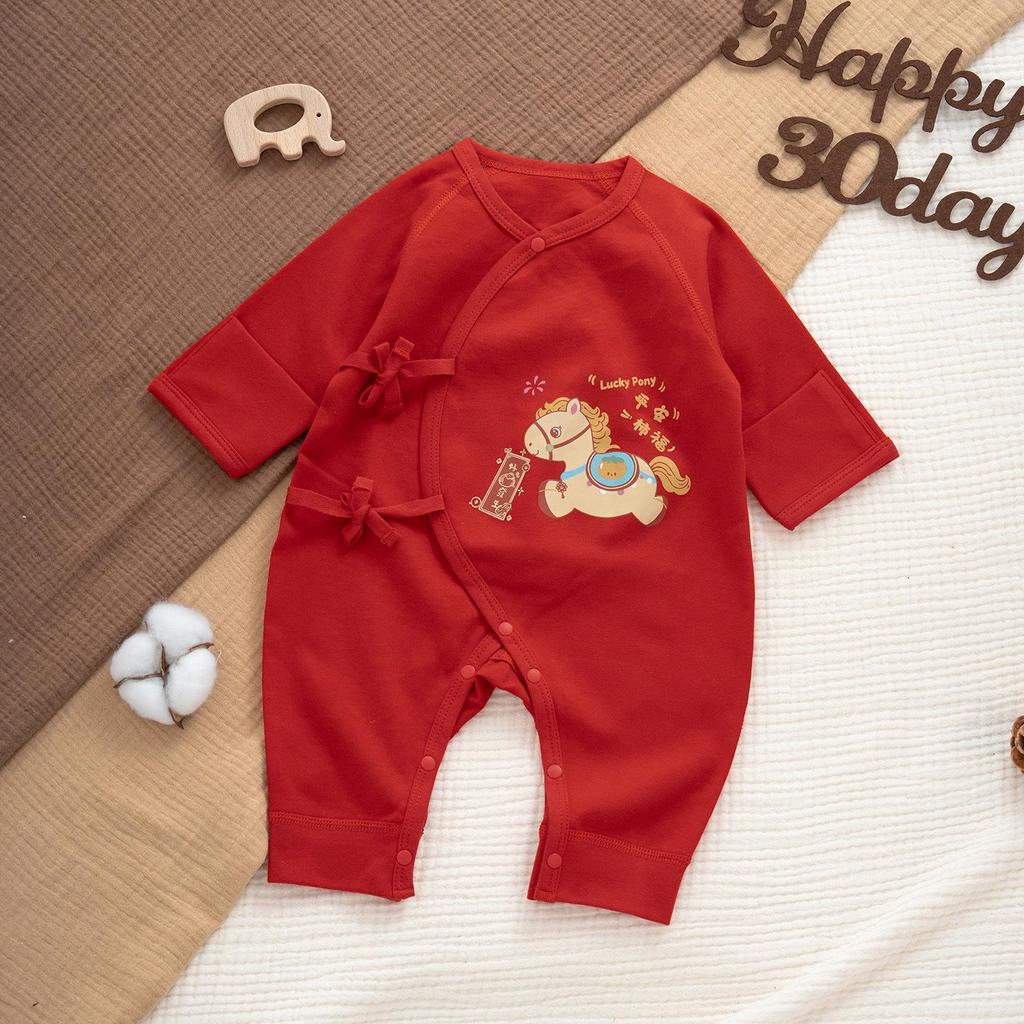 Baby Pferd Sternzeichen Langarm Body - Chinesischer Neujahrsstil, Reine Baumwolle, Knochenloses Design