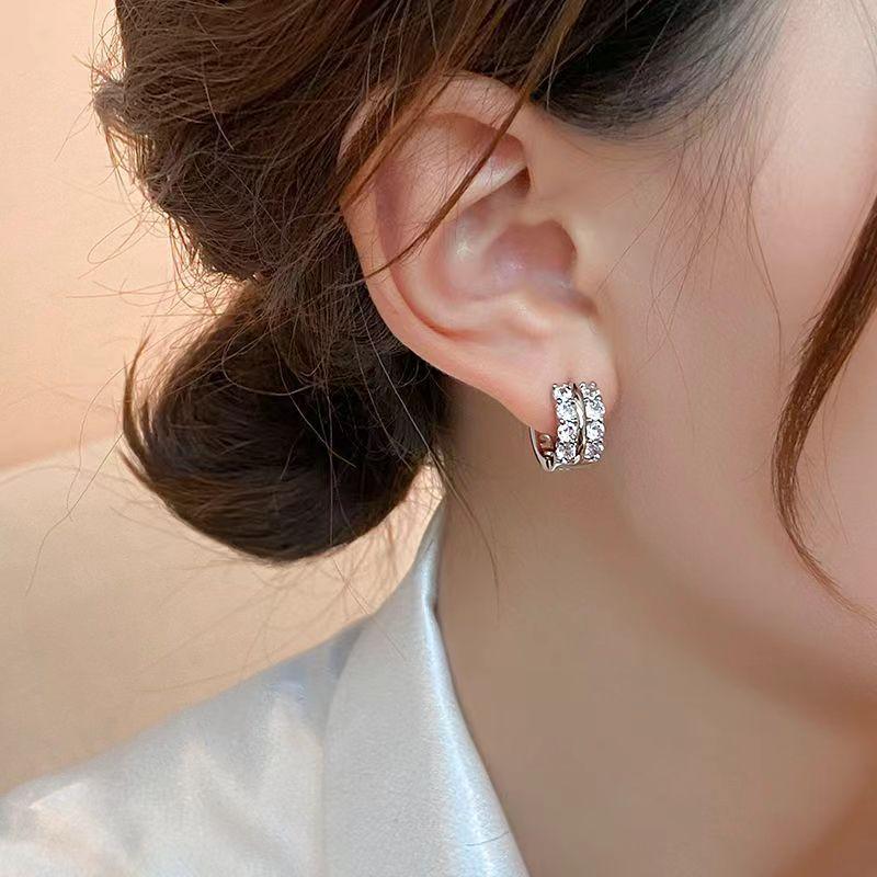 Korean Simple Double Zircon Copper Metal Hoop Earrings For Woman Exquisite Small Circle Earring Ladies Party Accessories