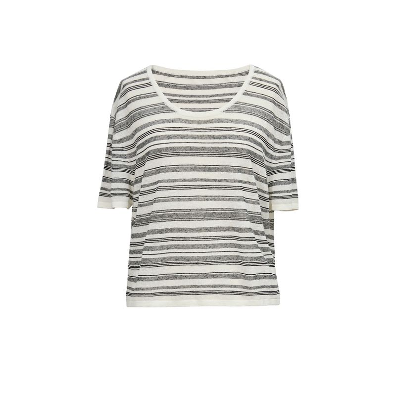 

Blacknini Lazy Set 16G Cool Linen Blended Contrast Color Stripes U Collar Knitting Short Sleeve T-shirt/Pants T-shirt M