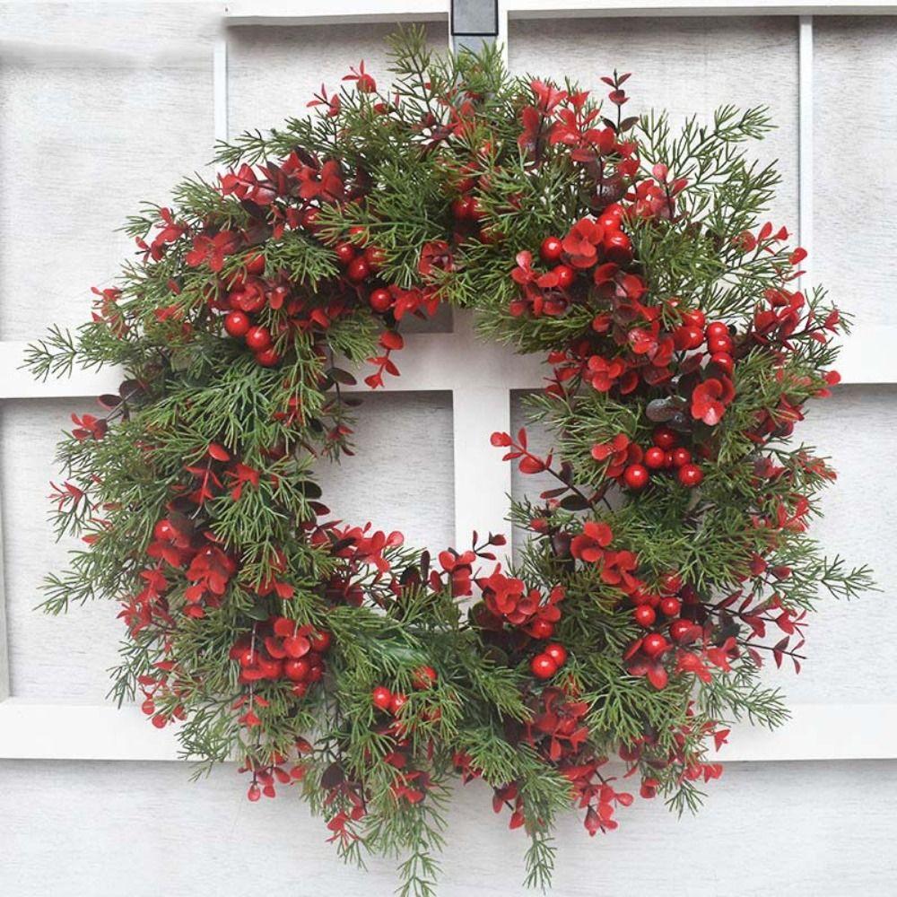 Simulation Leaf Red Berries Wreath Artificial Christmas Hanging Pendant Eucalyptus Garland Porch
