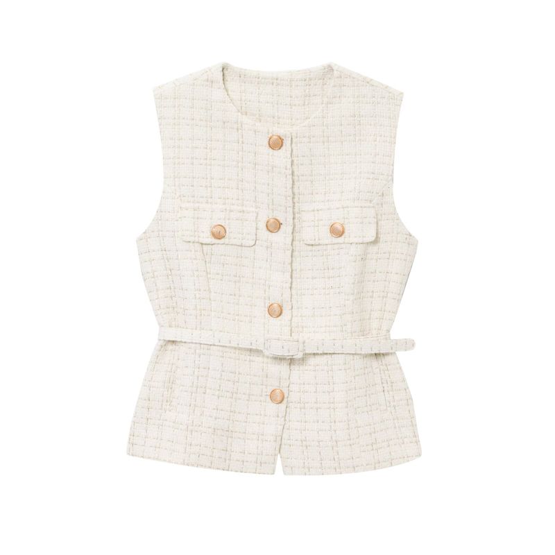 Kaslead New Arrival Women's Fashion Style with Belt Metallic Thread Texture Vest 2132116