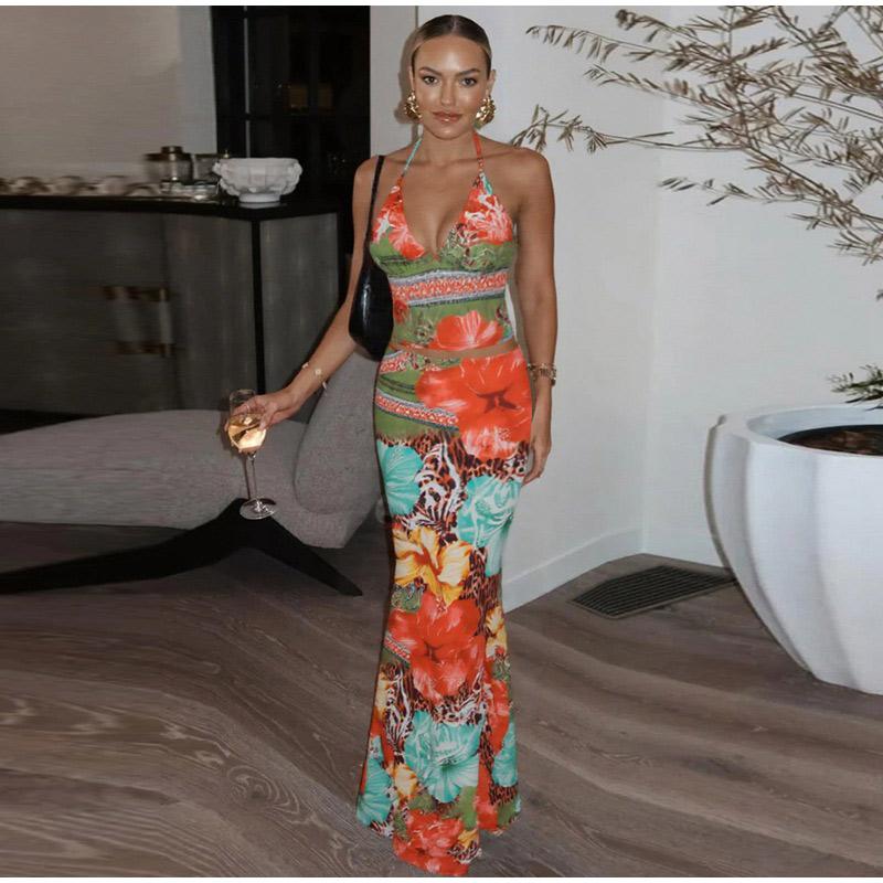 Women's V-neck Lace Up Vest Half Skirt Two-pieces Set Summer New Set Printed Beach Vacation Style Slim Fit Temperament Women's Vest Skirt Sets