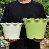 Warm Textured Resin Pots Large Flower with Drainage Holes And Tray Saucers, Ruffled Edge Planter Sturdy Planters for Hydrangeas Indoor Outdoor Plants,
