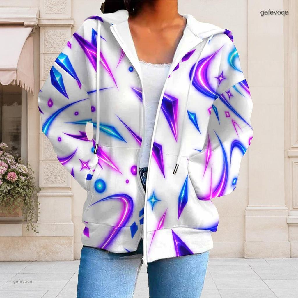 Women Plus Size Zip Up Drawstring Hoodie Long Sleeve Colorful Paint Splash Print With Pockets
