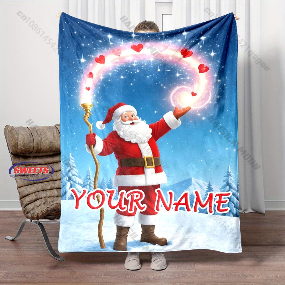 Personalized Name Santa Claus Blanket Custom Christmas Magic Heart Starry Sky Flannel Blanket Home Sofa Bed Decor Xmas Gift