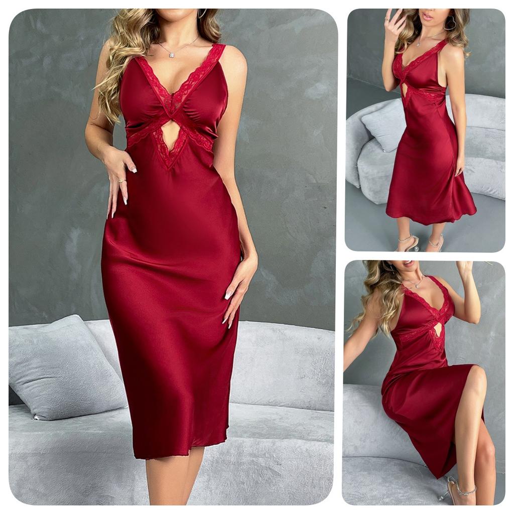 Satin Deep V Cami Nightgown Lace Cutout Multi-Color Sexy Slim Fit Women's Loungewear 802 Daring Stylish Sleepwear with Flattering Cutout Details