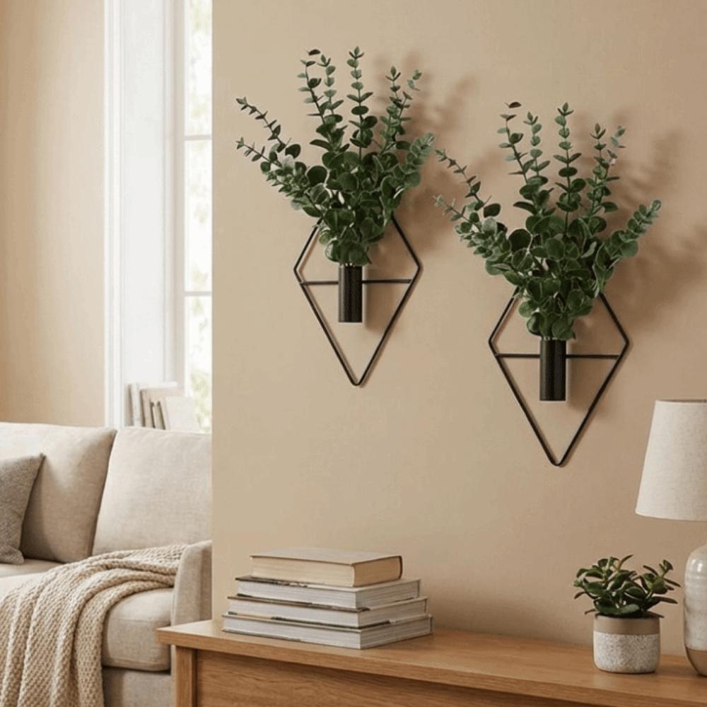 2PCS Iron Rhombus Hanging Flower Vase Decorative Wall Mount Flower Vase  Home Decor