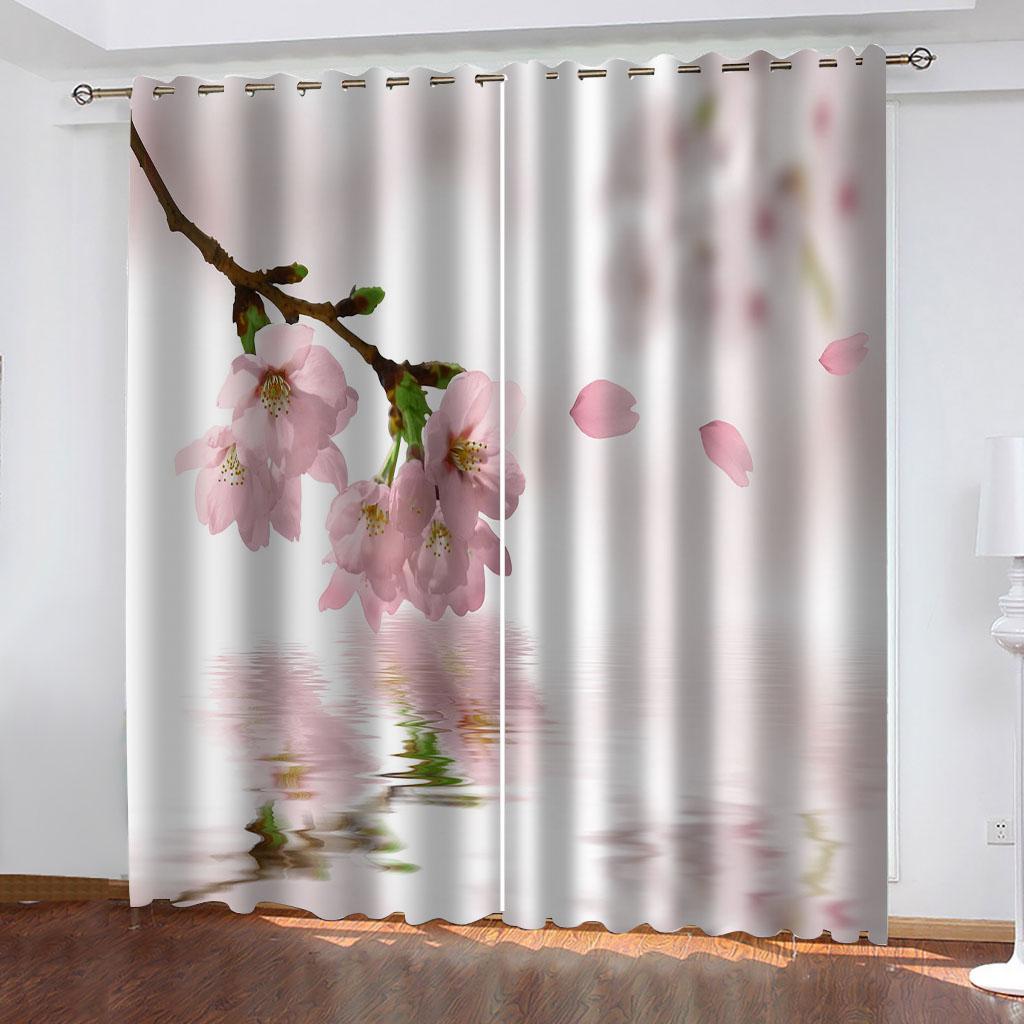 Rosa Botanischer Pfirsichbaumzweig 3D-Muster Schattierungsvorhänge 2 Paneele Luxuriöse Klassische Wohnzimmer Schlafzimmer Fensterdekor Vorhänge
