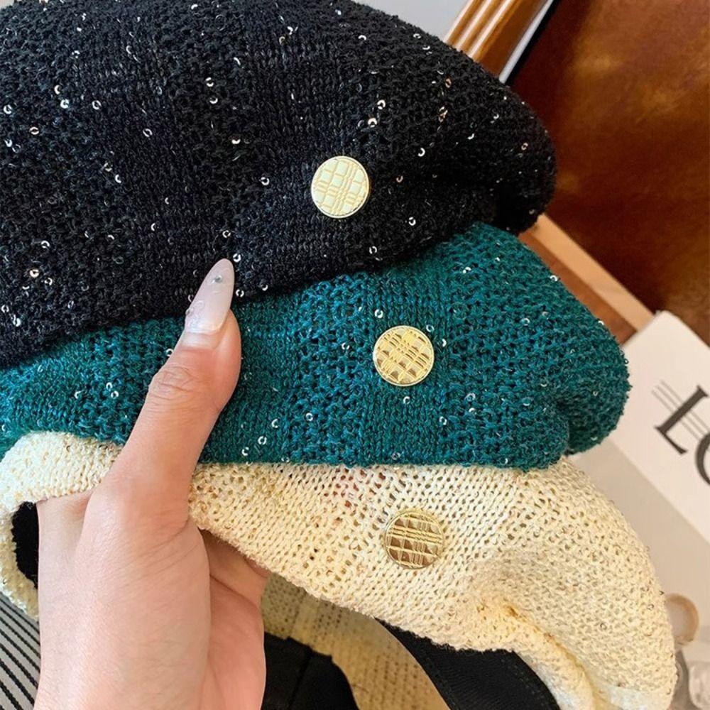 Paillette Weave Hat Breathable Crochet Knitted Cap Elegant Sequin Beret Hat Summer