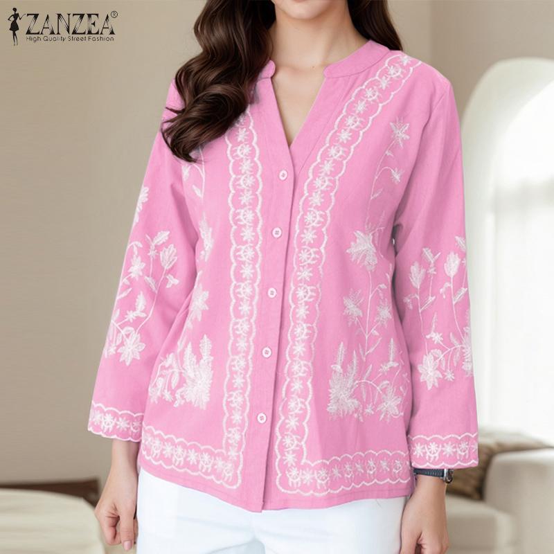 ZANZEA Ethnic Print Casual V-Neck Long Sleeve Women Blouse