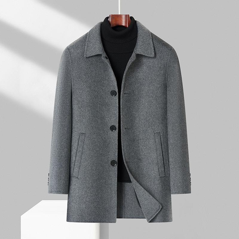 

Осень и зима Новое двухстороннее шерстяное пальто мужское среднее и длинное с лацканами деловое повседневное шерстяное пальто для среднего возраста тренчкот мужское пальто 170 чёрный