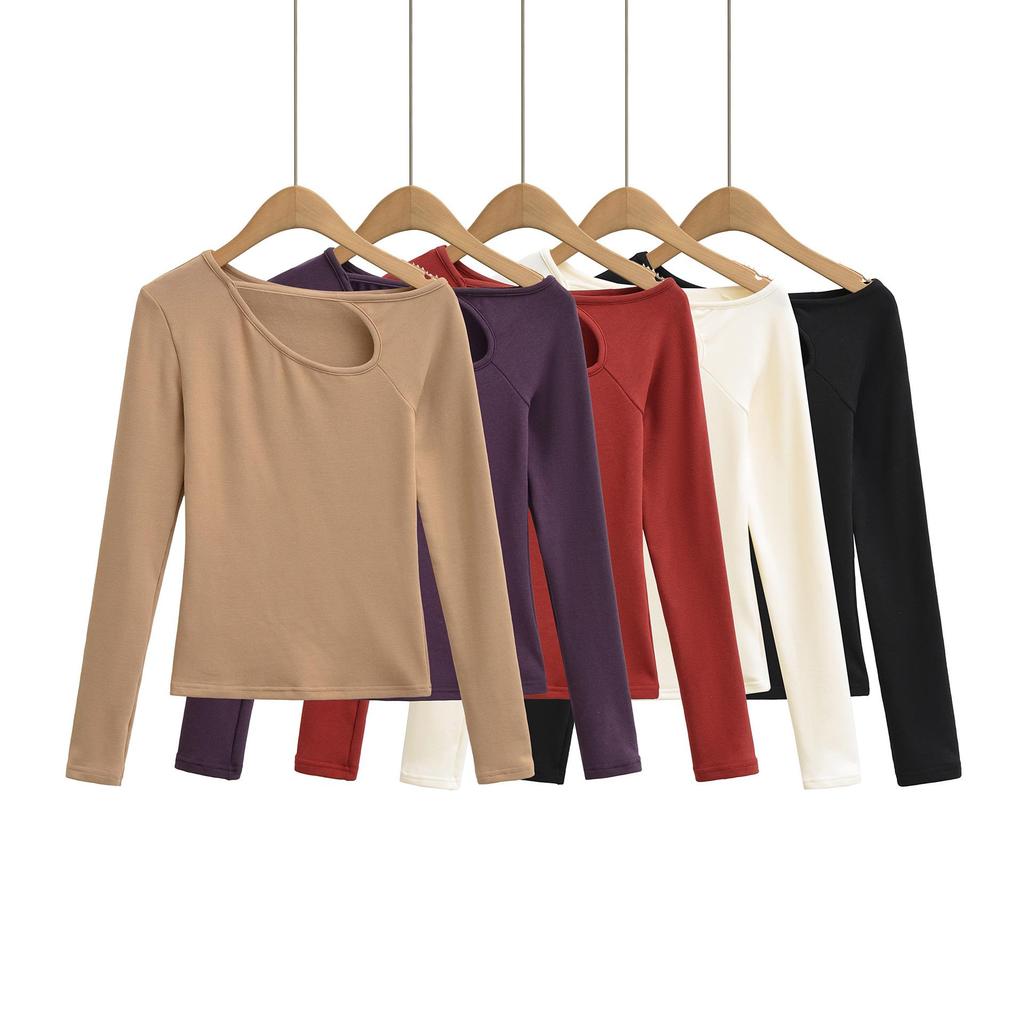 Women's Designer Long-Sleeve Hollow Top: Niche Autumn/Winter, Plush, Slimming, Hot Girl Style, Base T-Shirt