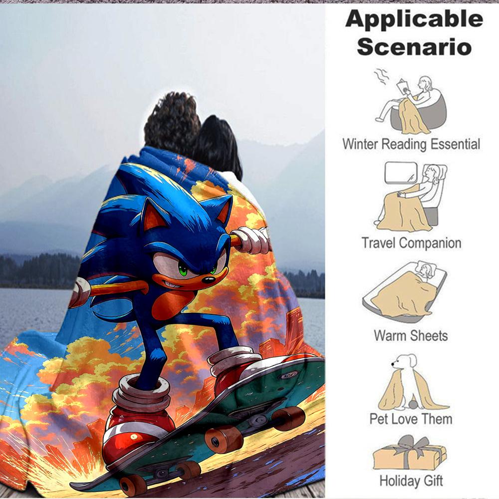 1pc Sonic Skateboarding Flannel Blanket, Soft Skin Friendly with Digital Printing, Various Sizes Available for Family, Friends, Birthday