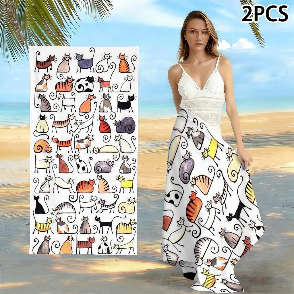 One Soft Beach Towel with a Cat Print, Made of Microfiber, Suitable for Beach Vacations, Pool Parties, and Beach Relaxation