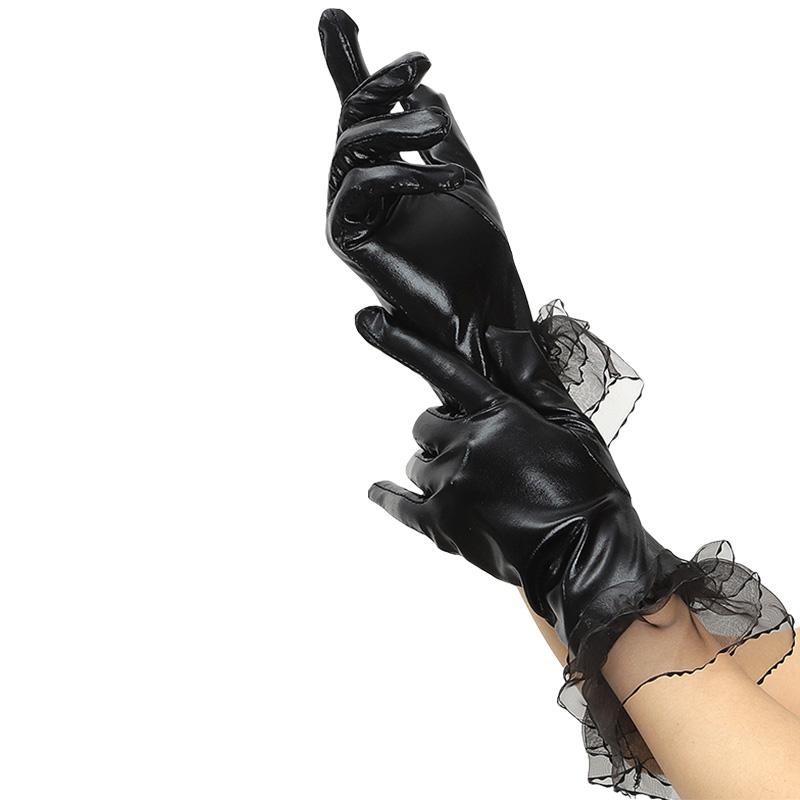 

1 пара 3D варежек, короткие перчатки из искусственной кожи, перчатки для сенсорного экрана, кружевная отделка, модный черный костюм для косплея