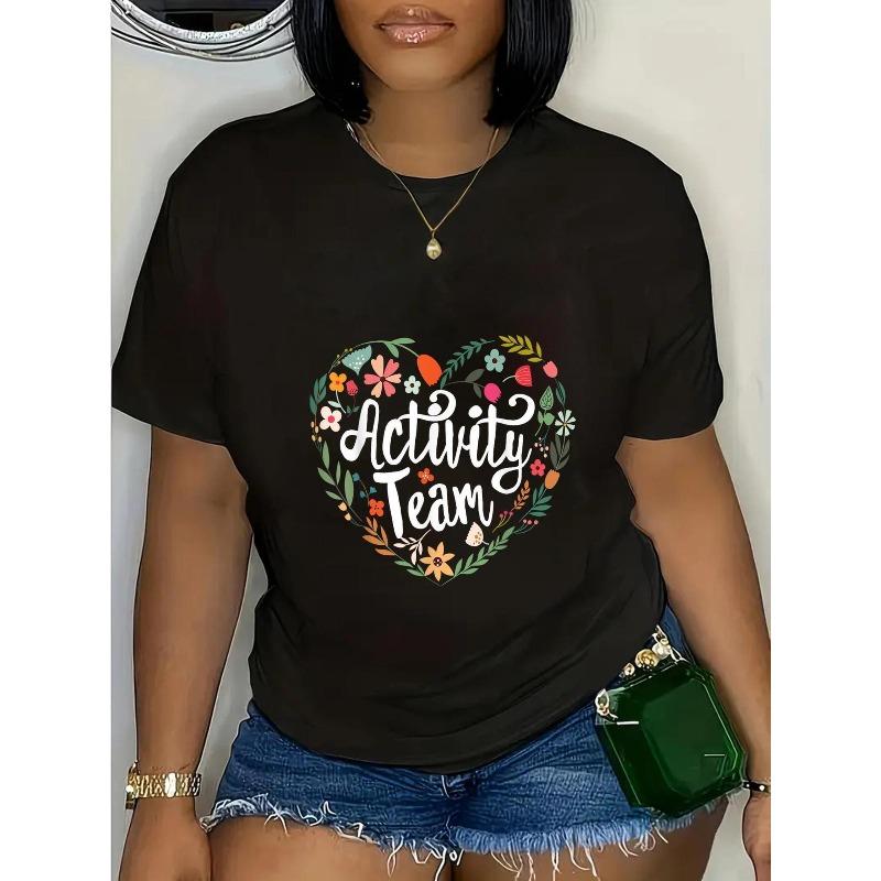 Plus Size - Women S Black T-Shirt with Vibrant Floral & Foliage Heart Design -  Activity Team Assistant Squad Professionals Week Director  Print, S чёрный
