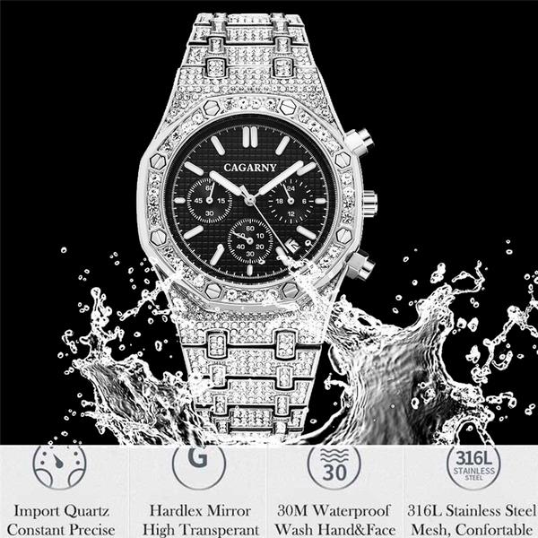 Voller Bling Diamant Uhr für Männer Hip Hop Iced Out Herren Uhren Luxus Quarz Uhr Mann Wasserdicht Chronograph Montre Homme