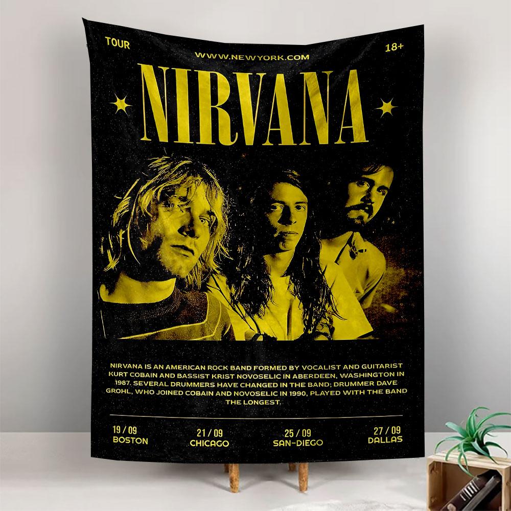 Nirvana Tapestry Wall Hanging, Grunge Rock Band Tour Poster Art, Retro Wall Decor for Bedroom Living Room Dorm