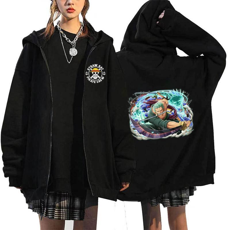 Mens Oversized Hooded Zip-Up Sweatshirt With One Piece Anime Print Plus Size Fleece-Lined Casual Jacket Fall
