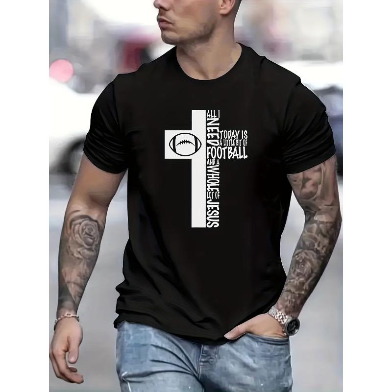 

European Size Cross & Football Letter Pattern Print Men s Comfy Chic T-shirt, Graphic Tee Men s Summer Outdoor Clothes, Men s Clothing, Tops For Men 4XL чорний