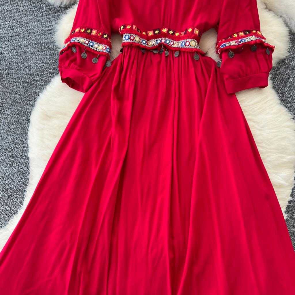 Abito Slim Vintage Ricamato Scollo a V per Donna Paillettes Frange Vocation Spiaggia A-line Abiti Casual Monopezzo Vestido Mujer Nuovo