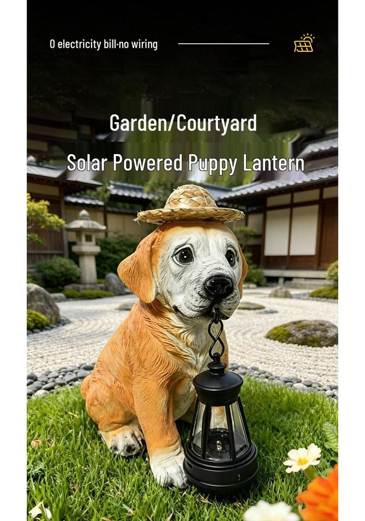 Solar Resin Dog with Grass Hat Lantern - Garden Decorative Lamp Ornament