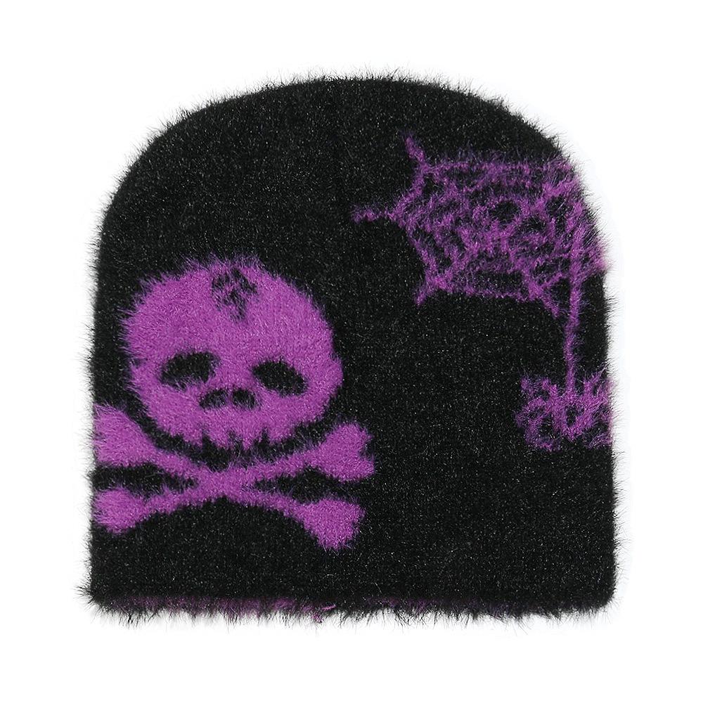 TEMU Warm Cold Hats Men's and Women's Skulls Spider Webs Plush Mink Knitted Hats Halloween