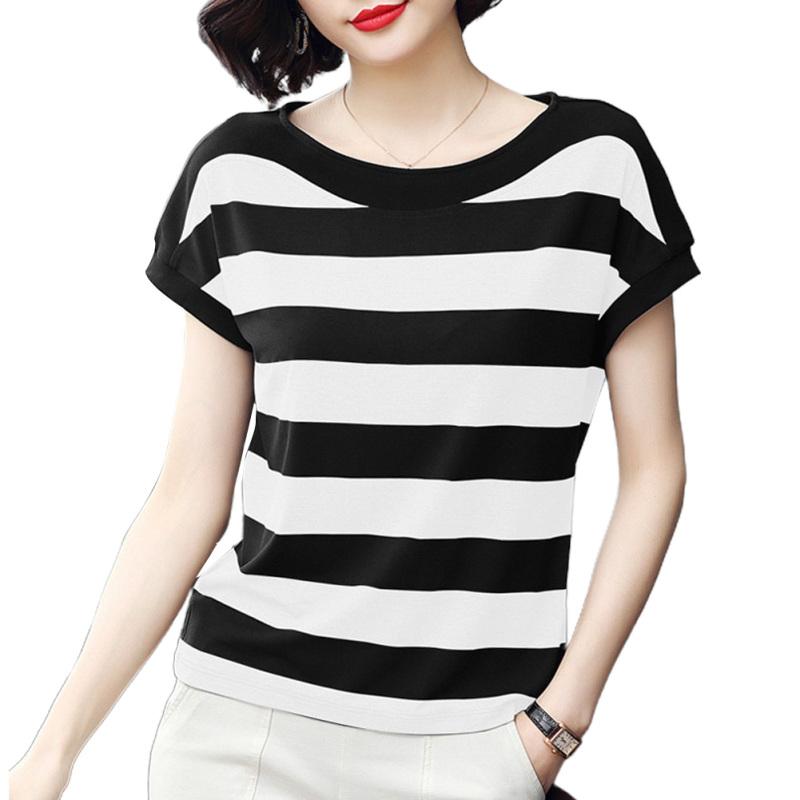 

Женская летняя свободная футболка в полоску с принтом, топы с круглым воротником и короткими рукавами XXXL