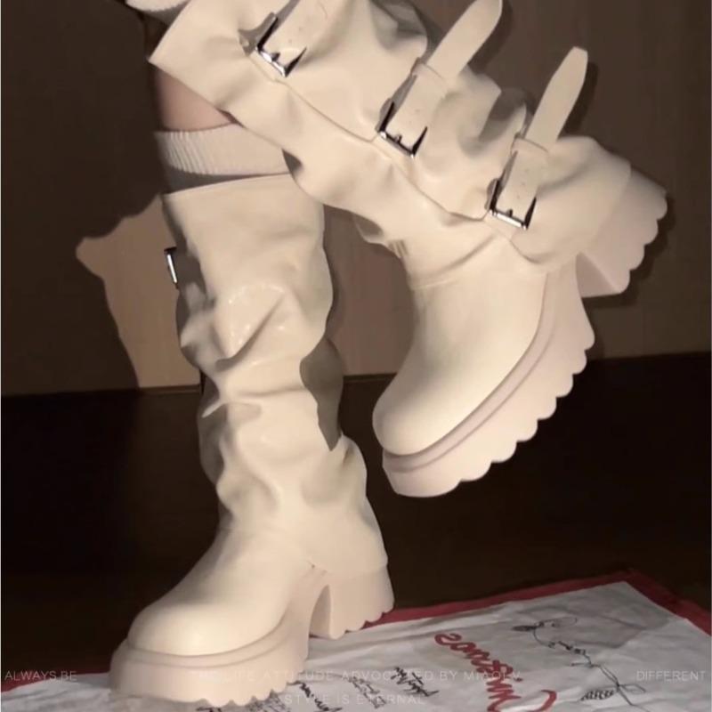 Autumn and Winter New Platform Block Heel Mid-tube Boots Women's Round Toe Metal Buckle Platform Belt Buckle High Heel Boots