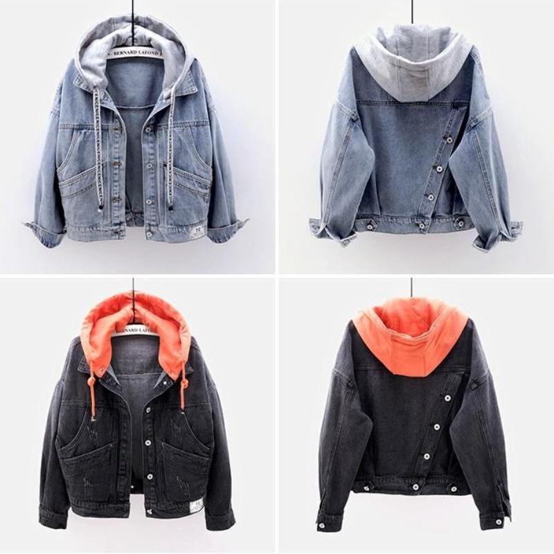 Dame Denim Kort Jakke Løs Koreansk Stil Kort Vår og Høst Langermet Hettejakke Allsidig Topp