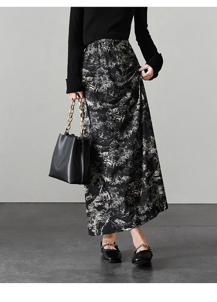 National Style Printed High Waisted Skirt 2026 Spring Fashion Versatile Mid Length A-line Skirt