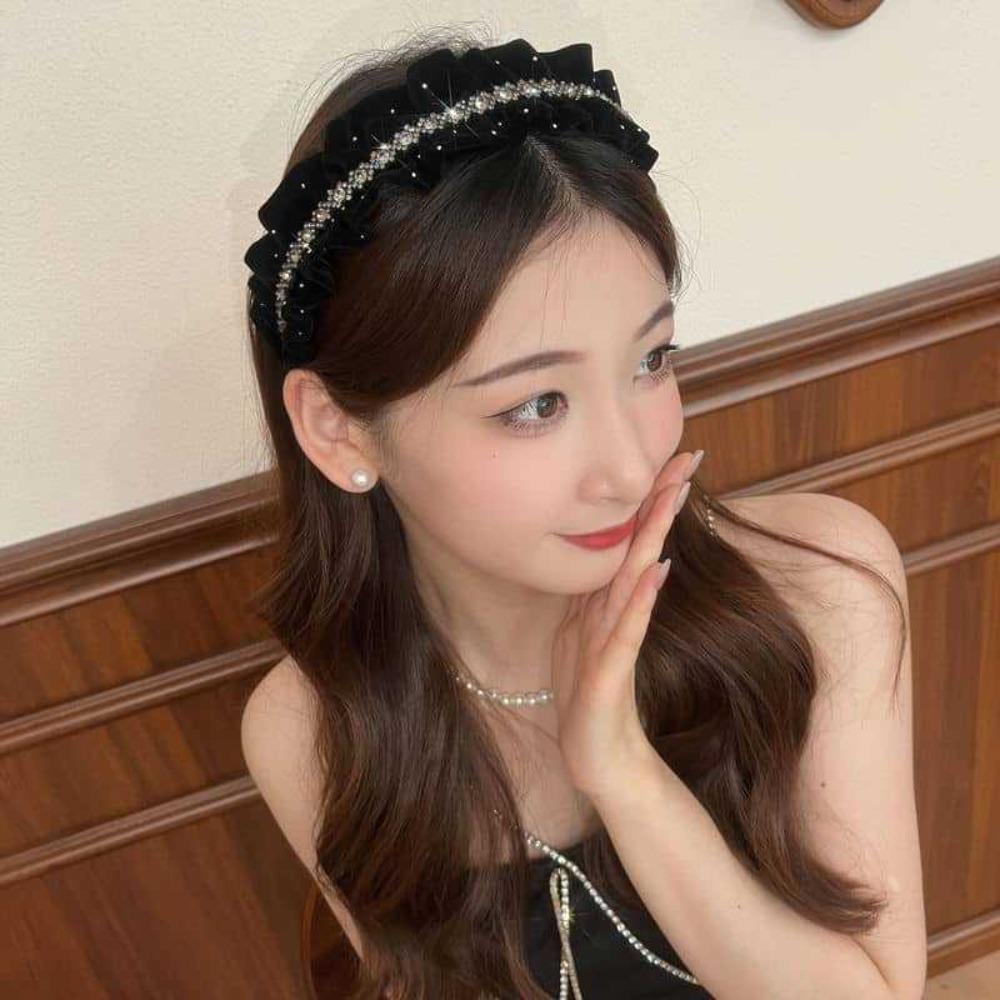 Elegant Shiny Rhinestone Headband Sweet Women Sequin Hairband Velvet Pleated Hair Hoop  Ball