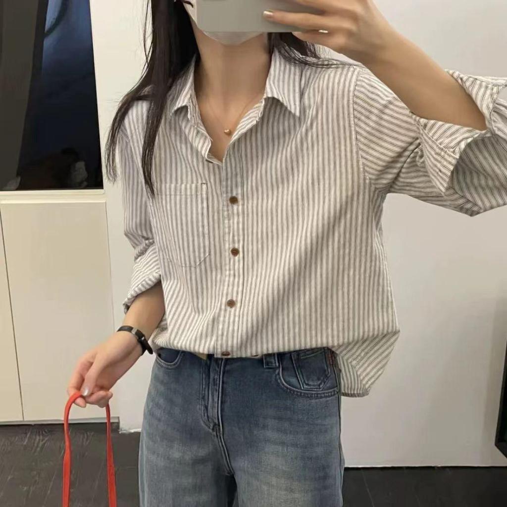 Petite Stripe Versatile 2025 Slimming Retro Long Sleeve Casual Shirt for Spring/Autumn