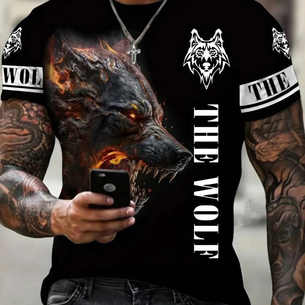 Animal Fun Wolf 3D Printed Men's T-shirt Personalized Extra Large Boys Retro Fashion Round Neck Short Sleeve