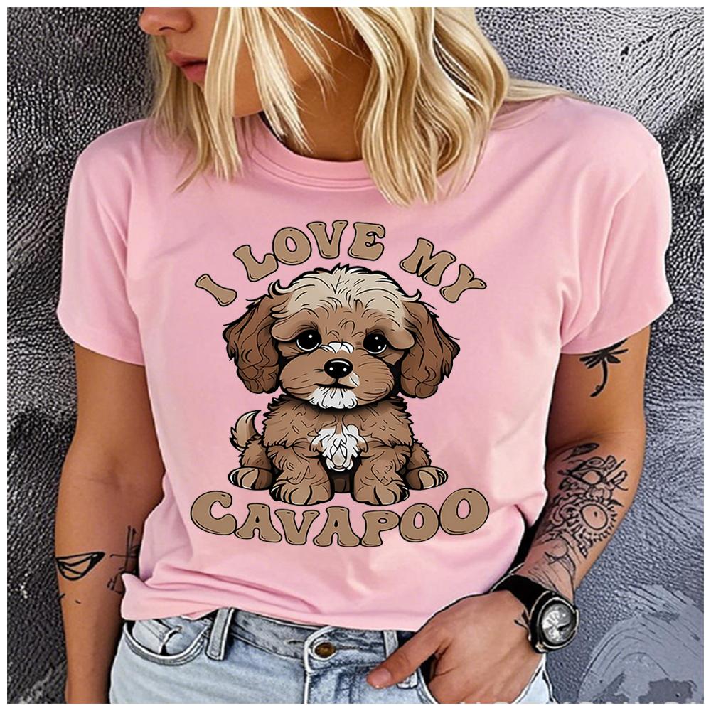 Unisex Polyester Summer Top I LOVE MY CAVAPOO Print Loose round Neck Short Sleeve Fashion for Astrology Lovers