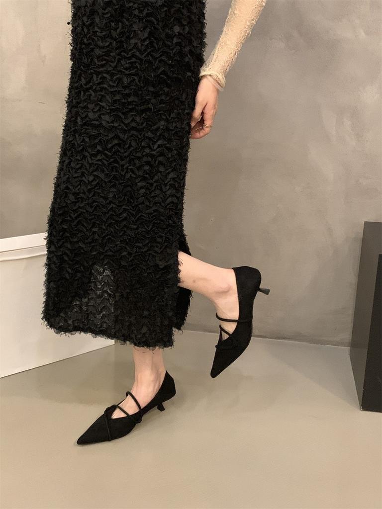 French kitten with suede red single shoes women's shoes spring temperament socialite black pointed high heels
