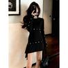 Korean Style Black Long-Sleeved Dress for Petite Women - Elegant Waist-Cinching Slimming Skirt
