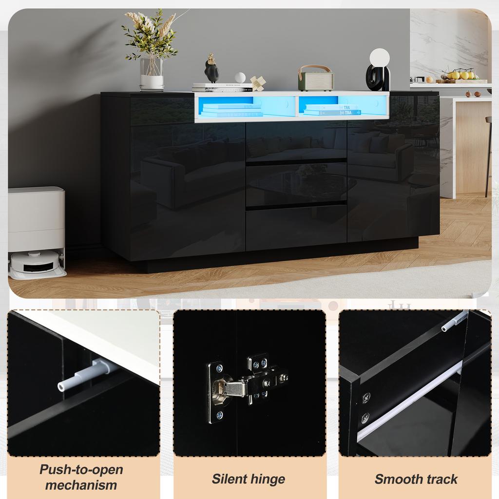 Credenza Soggiorno 140*40*68cm con 2 Ante a L, Mobile con Ripiani Regolabili e Luci LED, Mobile Laccato Lucido con 3 Cassetti, Nero