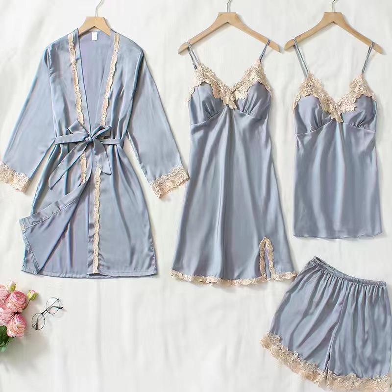 Women's Summer Silk Pajama Set: 5-Piece Long Sleeve, Lace Trim Camisole, Shorts & Pants